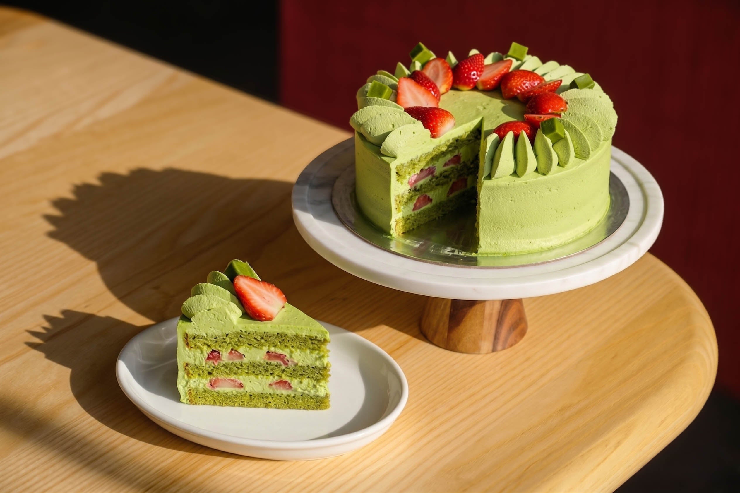 A matcha genoise sponge made with Carnival Matcha, layered with whipped cream and seasonal fruit. Best in Christchurch, made by Blue Moon Bakehouse