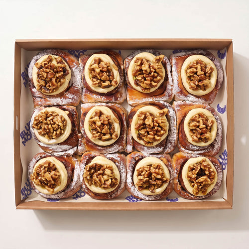 Walnut butterscotch cinnamon scroll box — Christchurch cinnamon roll catering, Blue Moon Bakehouse