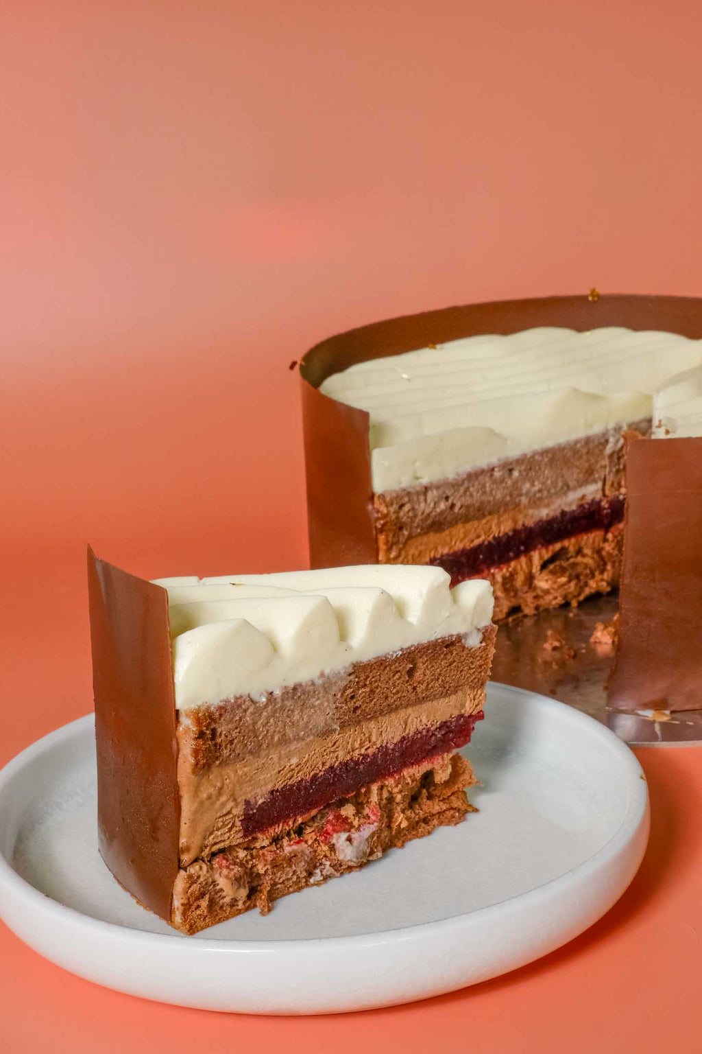 Modern Black Forest cake — chocolate sponge, dark chocolate mousse, vanilla cream & cherry compote. 8" cake, 48hr pre-order. Christchurch.