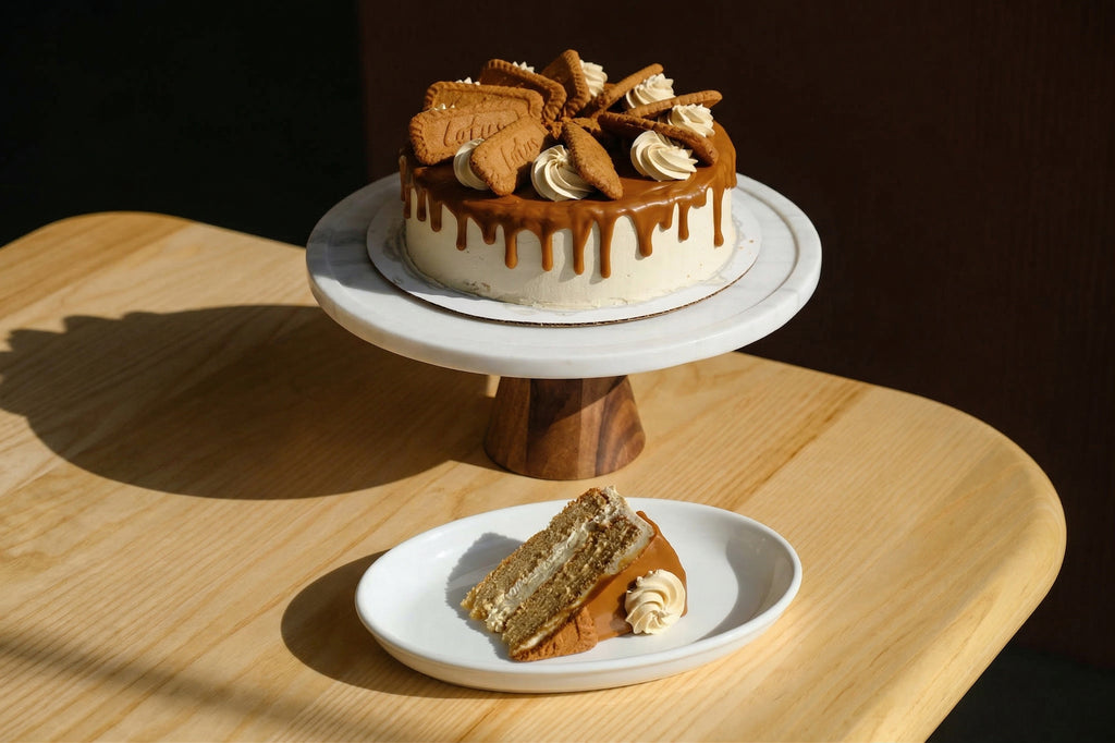 8 inch Biscoff buttercream sponge cake with crushed Biscoff topping from Blue Moon Bakehouse