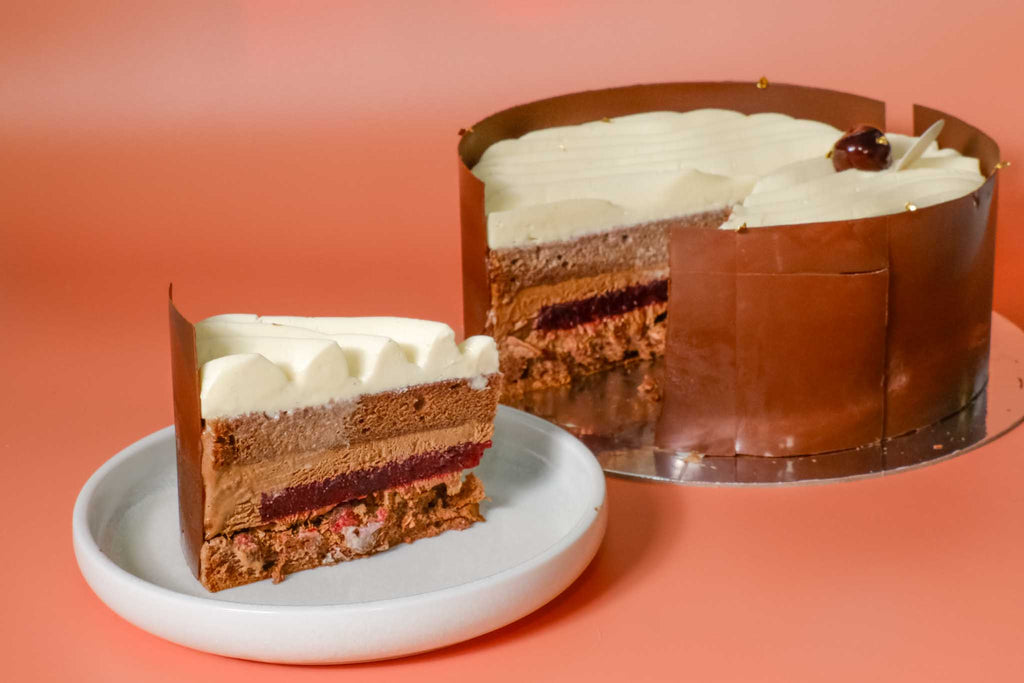 Modern Black Forest cake — chocolate sponge, dark chocolate mousse, vanilla cream & cherry compote. 8" cake, 48hr pre-order. Christchurch.