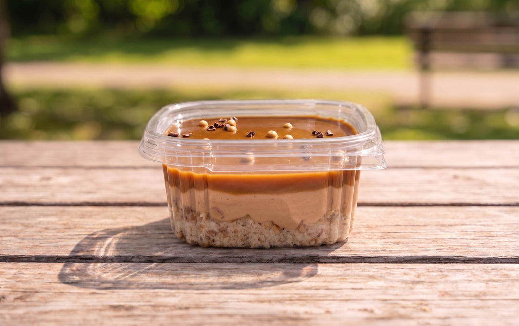 salted caramel glaze over hazelnut chocolate mousse and praline crumble