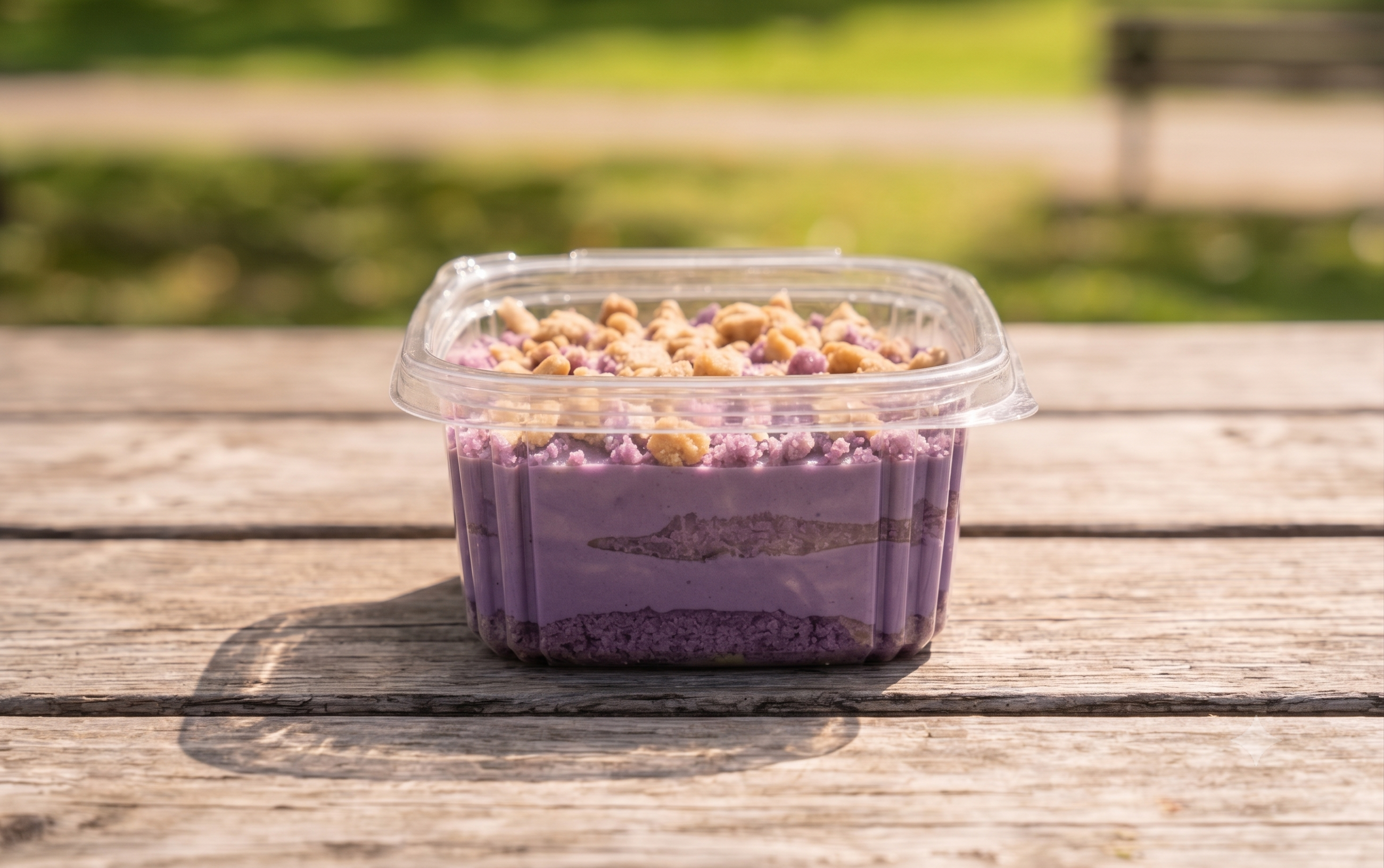 purple ube and white chocolate mousse on sponge with roasted-nut crumble