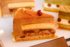 Four-layer hazelnut cake: milk choc mousse, hazelnut sponge, crispy praline & salted caramel glaze. 8" cake, 48hr pre-order. Christchurch. Hazelnut Mousse Cake Christchurch | Blue Moon