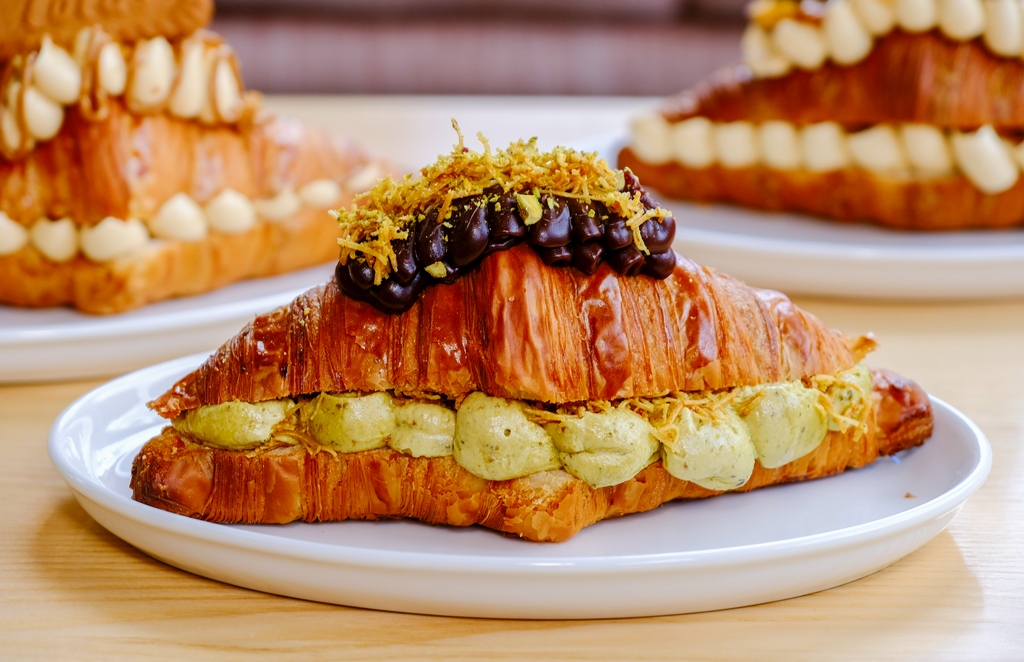 Box of 6 premium filled croissants with Dubai Pistachio Creme Brulee Matcha and more from Blue Moon Bakehouse