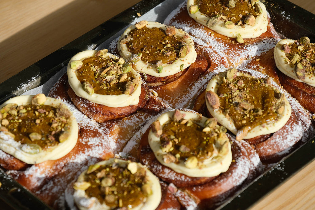 Pistachio grinded by Blue Moon Bakehouse, natural pistachio only soft cinnamon roll 