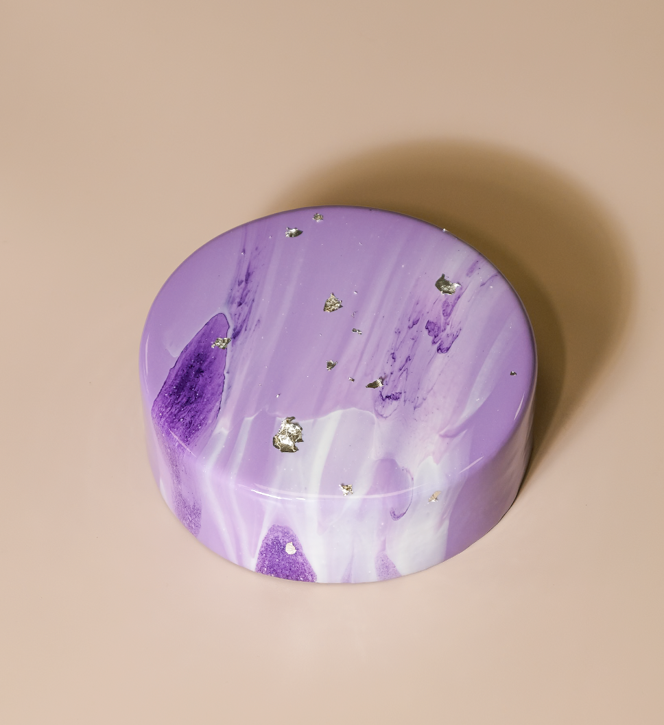 Purple ube mousse layered with coconut cream — light, tropical and stunning. 8" cake, 48hr pre-order. Christchurch pickup & delivery.