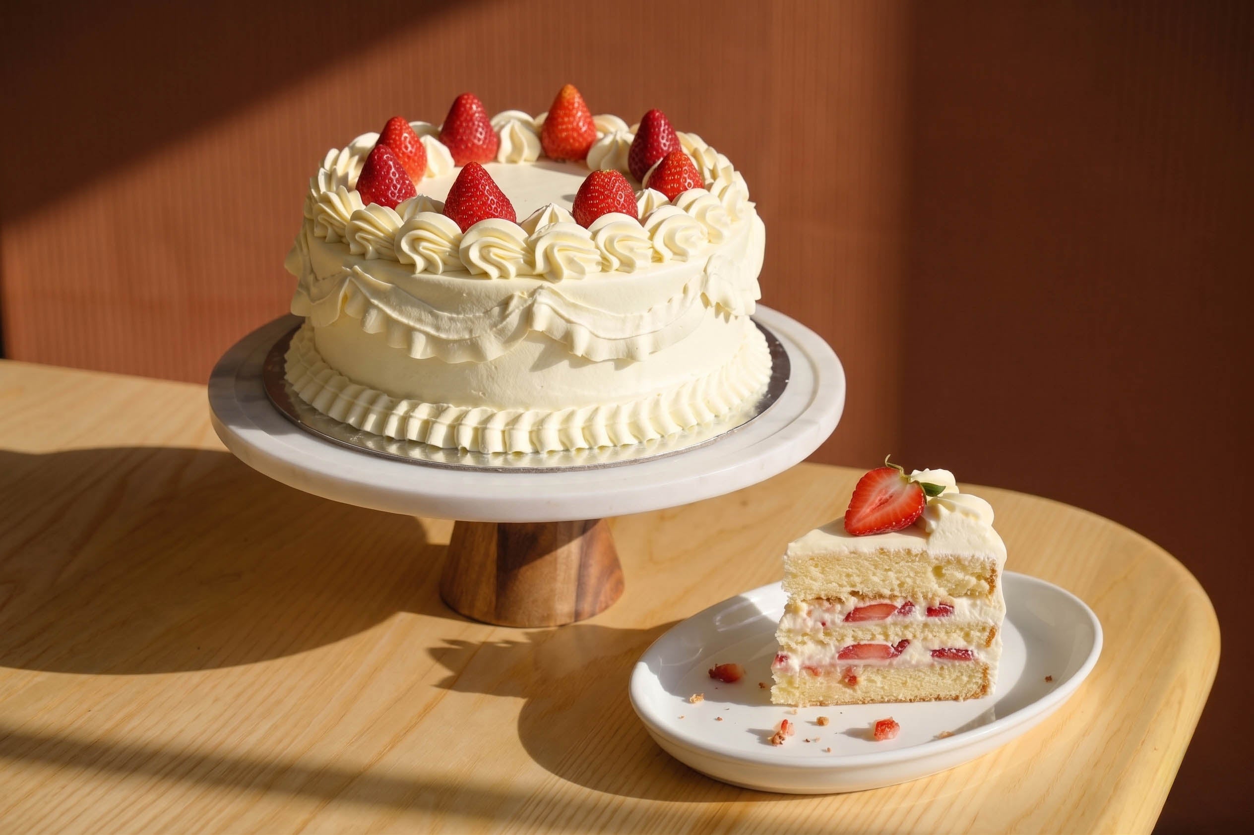 8 inch strawberry shortcake with light sponge strawberries and whipped cream from Blue Moon Bakehouse