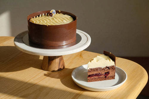 Modern Black Forest cake — chocolate sponge, dark chocolate mousse, vanilla cream & cherry compote. 8" cake, 48hr pre-order. Christchurch.