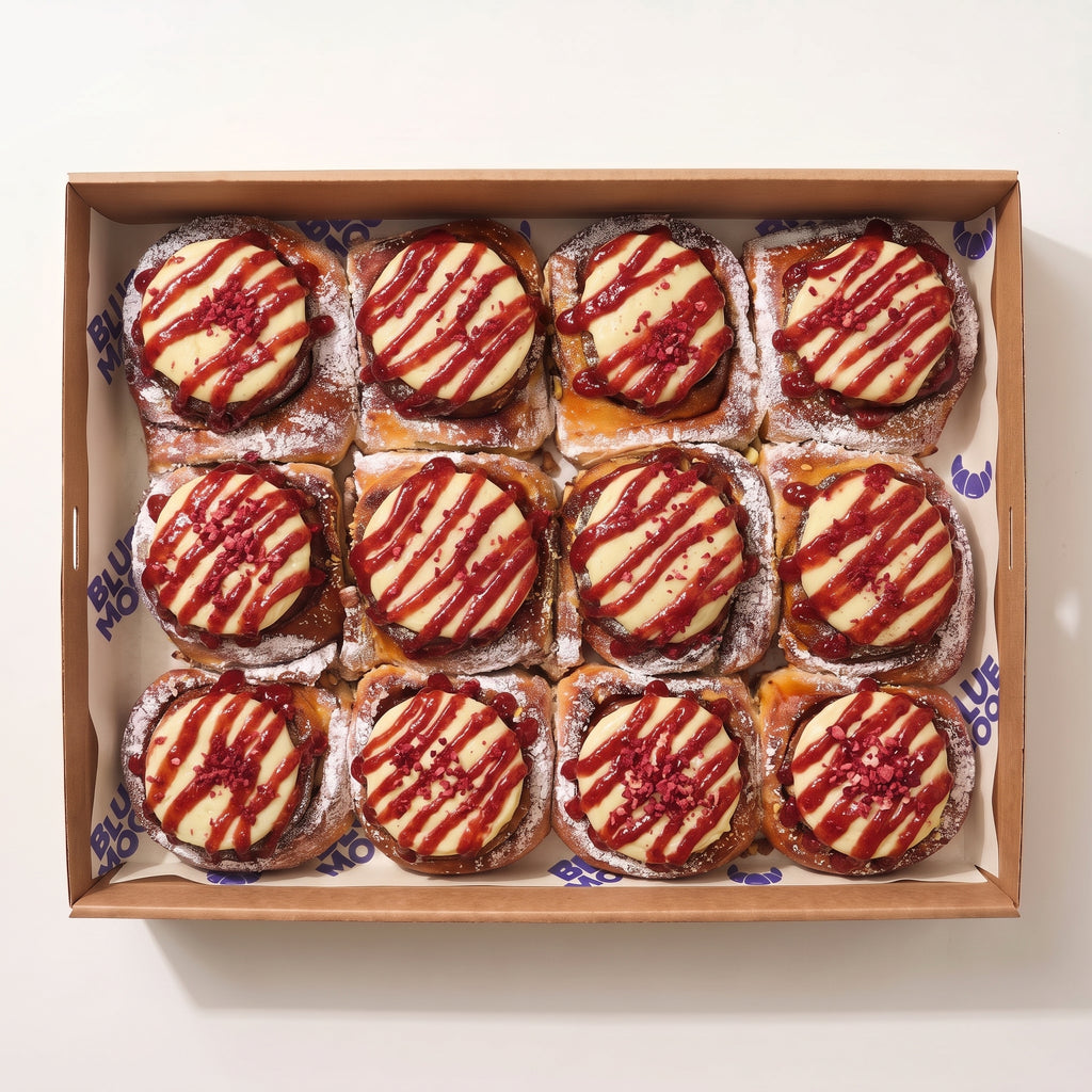 Raspberry cinnamon scroll box — Blue Moon Bakehouse Christchurch cinnamon roll catering