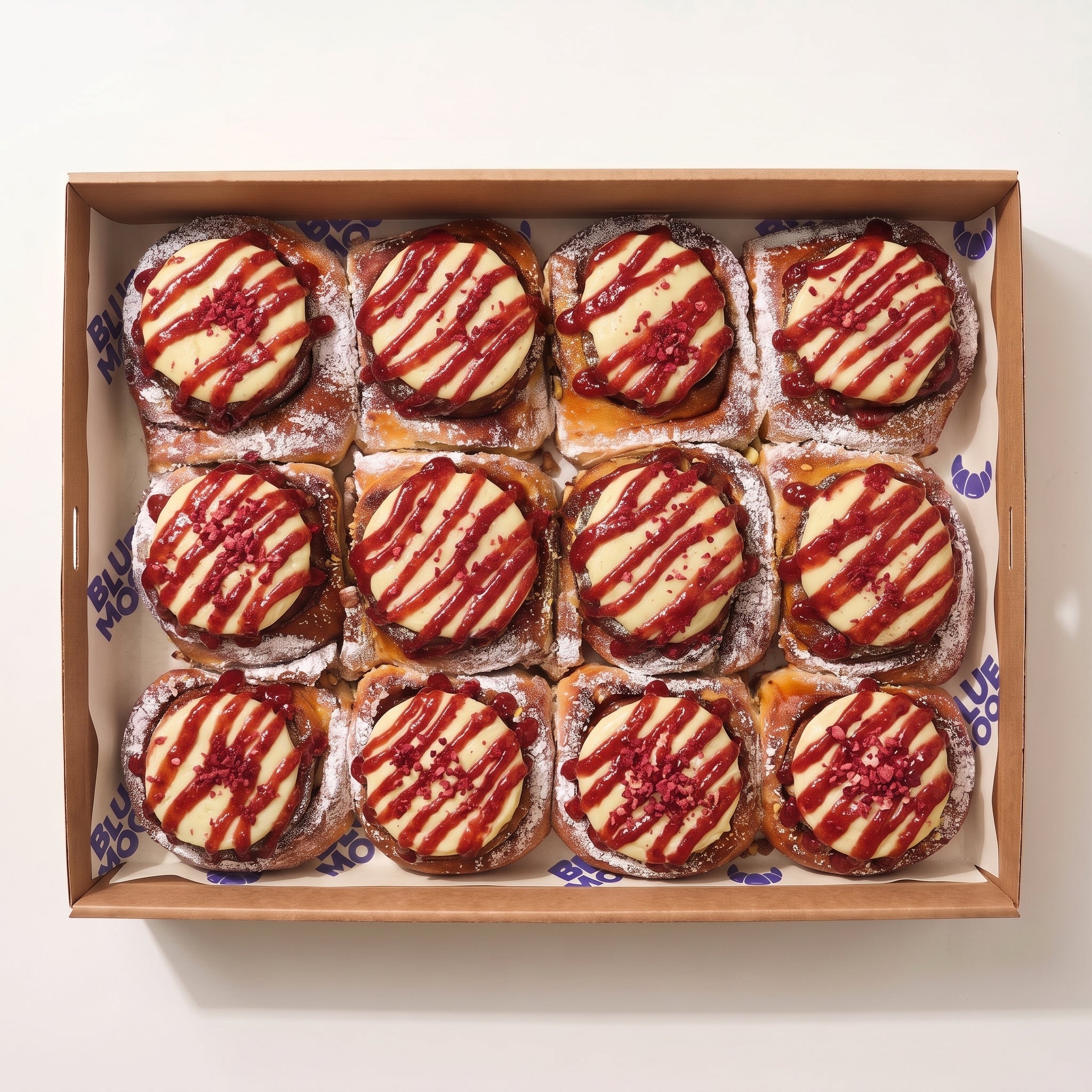 Raspberry cinnamon scroll box — Blue Moon Bakehouse Christchurch cinnamon roll catering