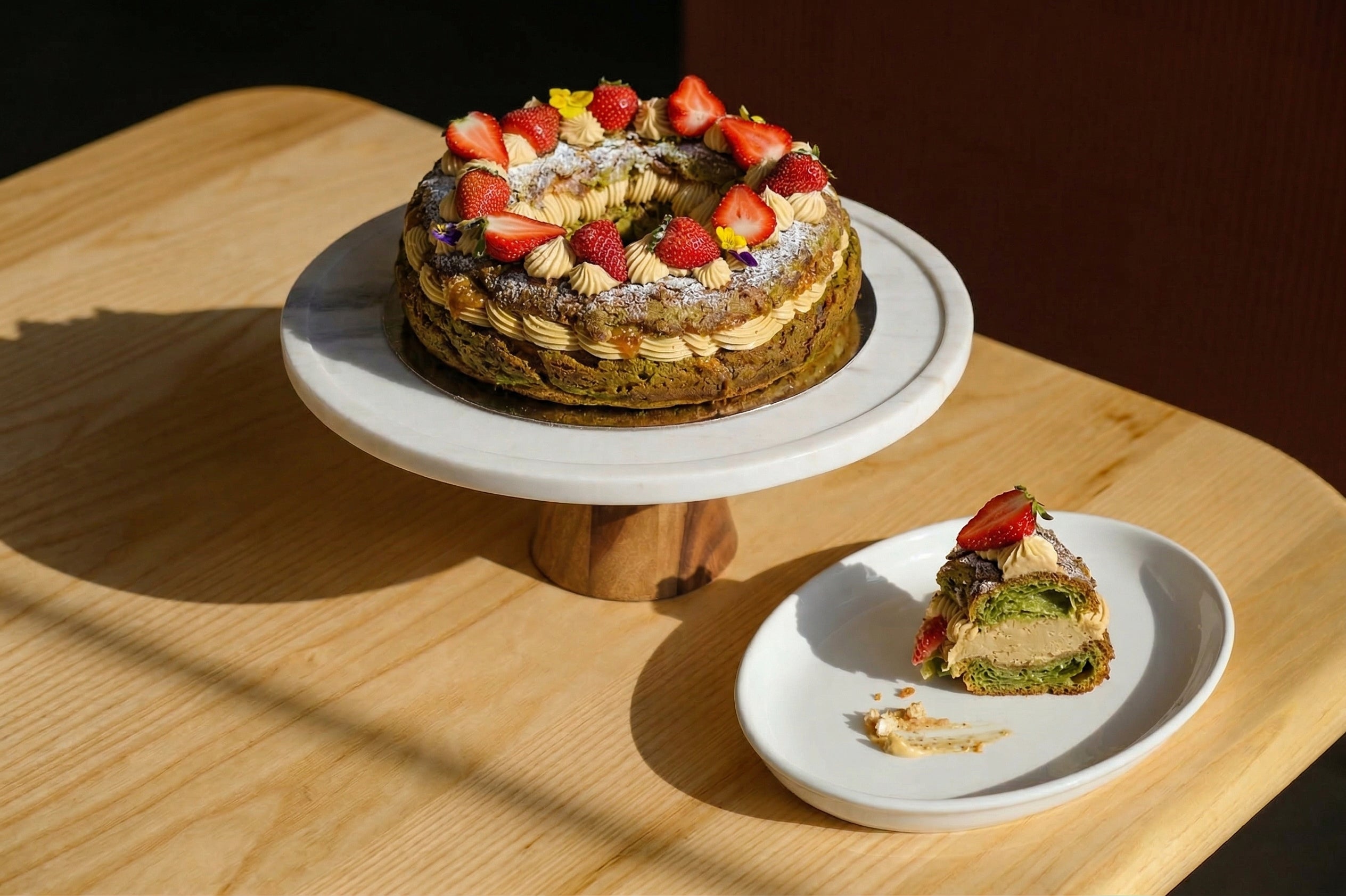 8 inch pistachio Paris-Brest choux pastry with house-ground pistachio praline cream from Blue Moon Bakehouse