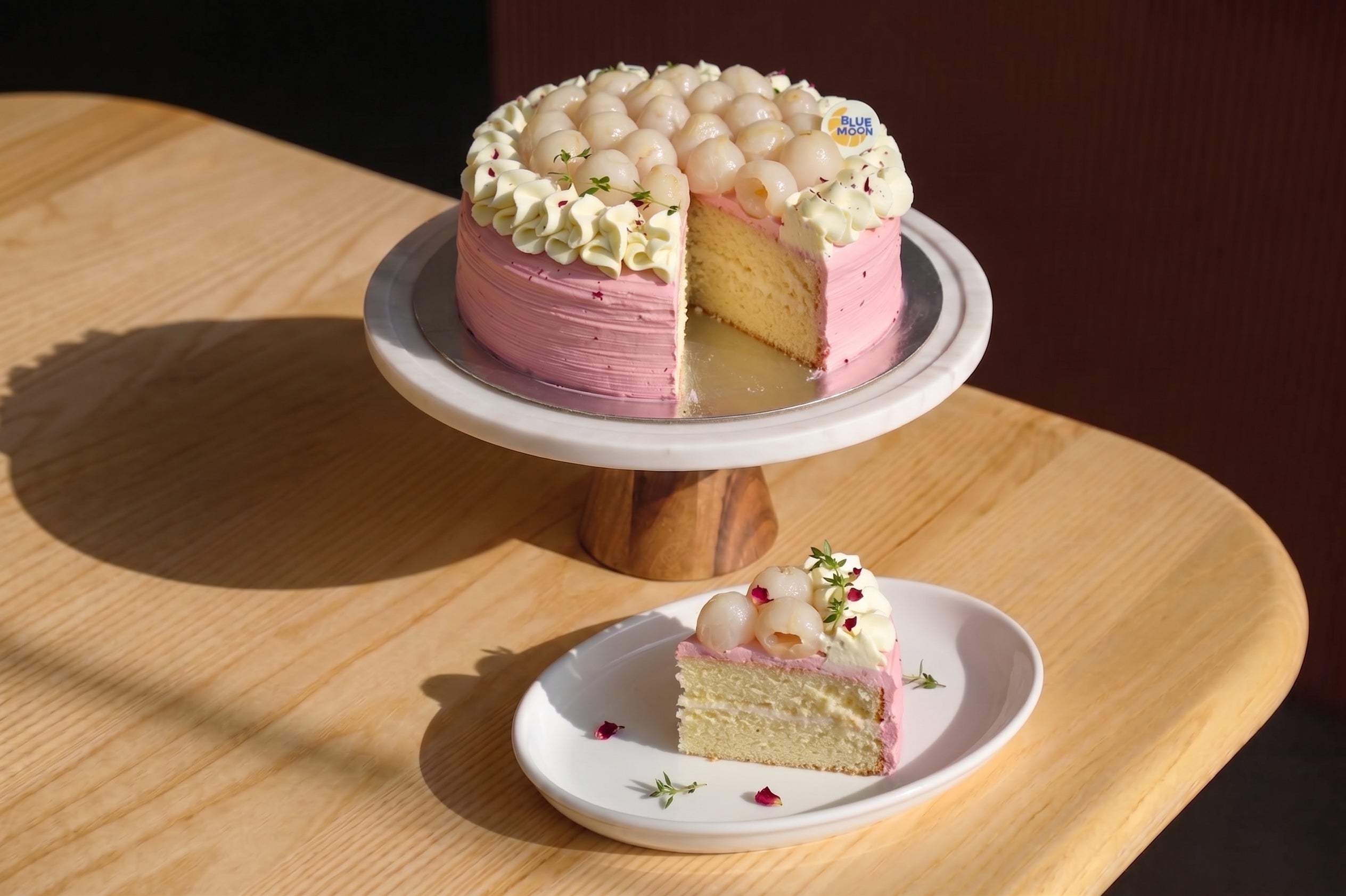 Rose lychee chiffon cake from Blue Moon Bakehouse, light sponge layered with rose cream and lychee, 8-inch whole cake, Christchurch