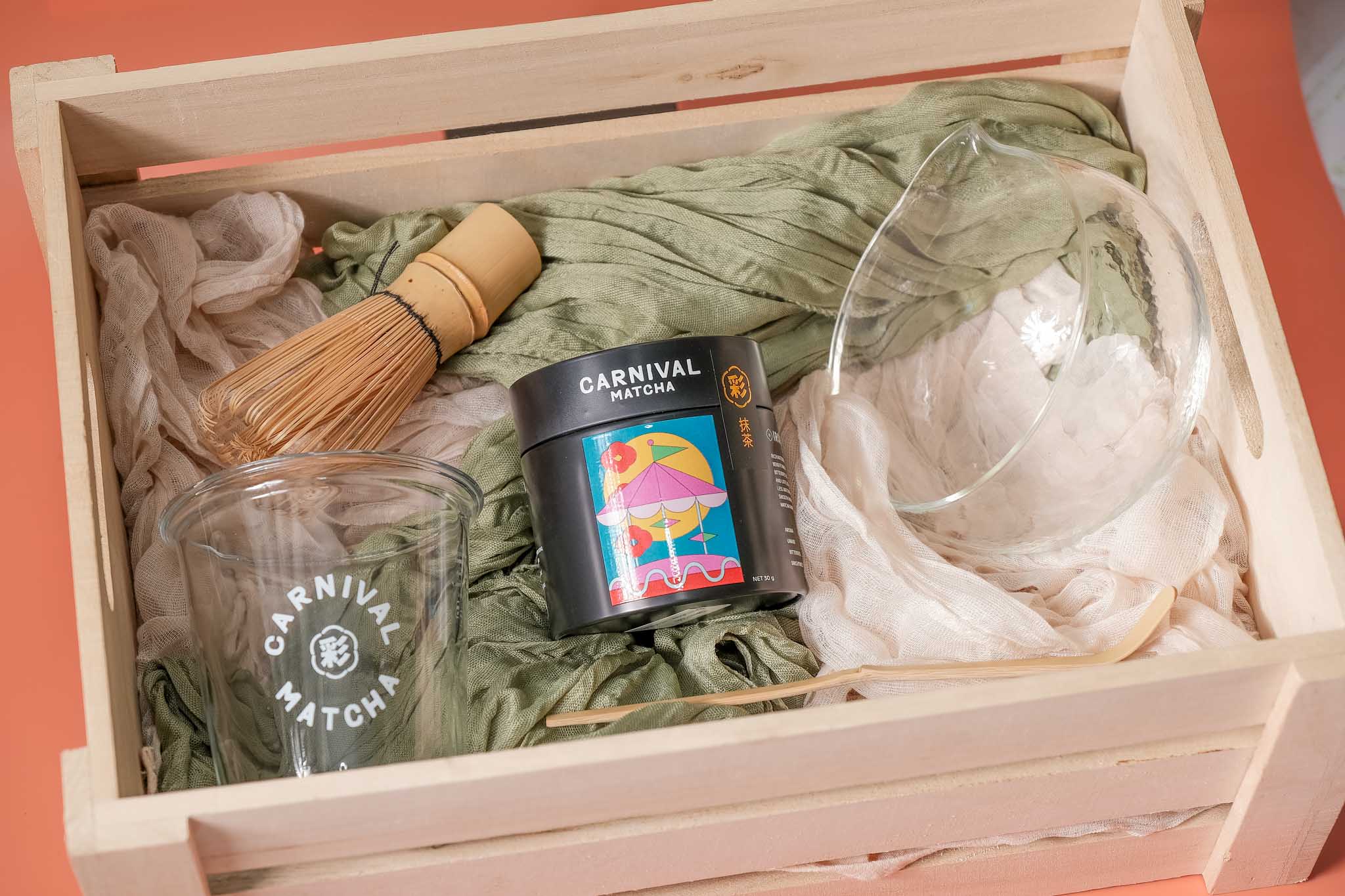 Carnival Matcha starter gift set with matcha tin bamboo whisk chasen and ceramic bowl chawan
