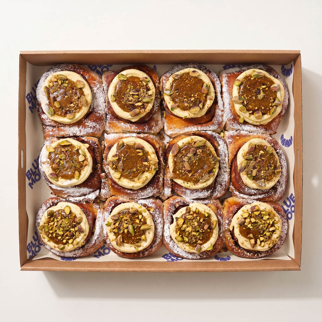 Pistachio cinnamon scroll box — Christchurch cinnamon roll catering, Blue Moon Bakehouse